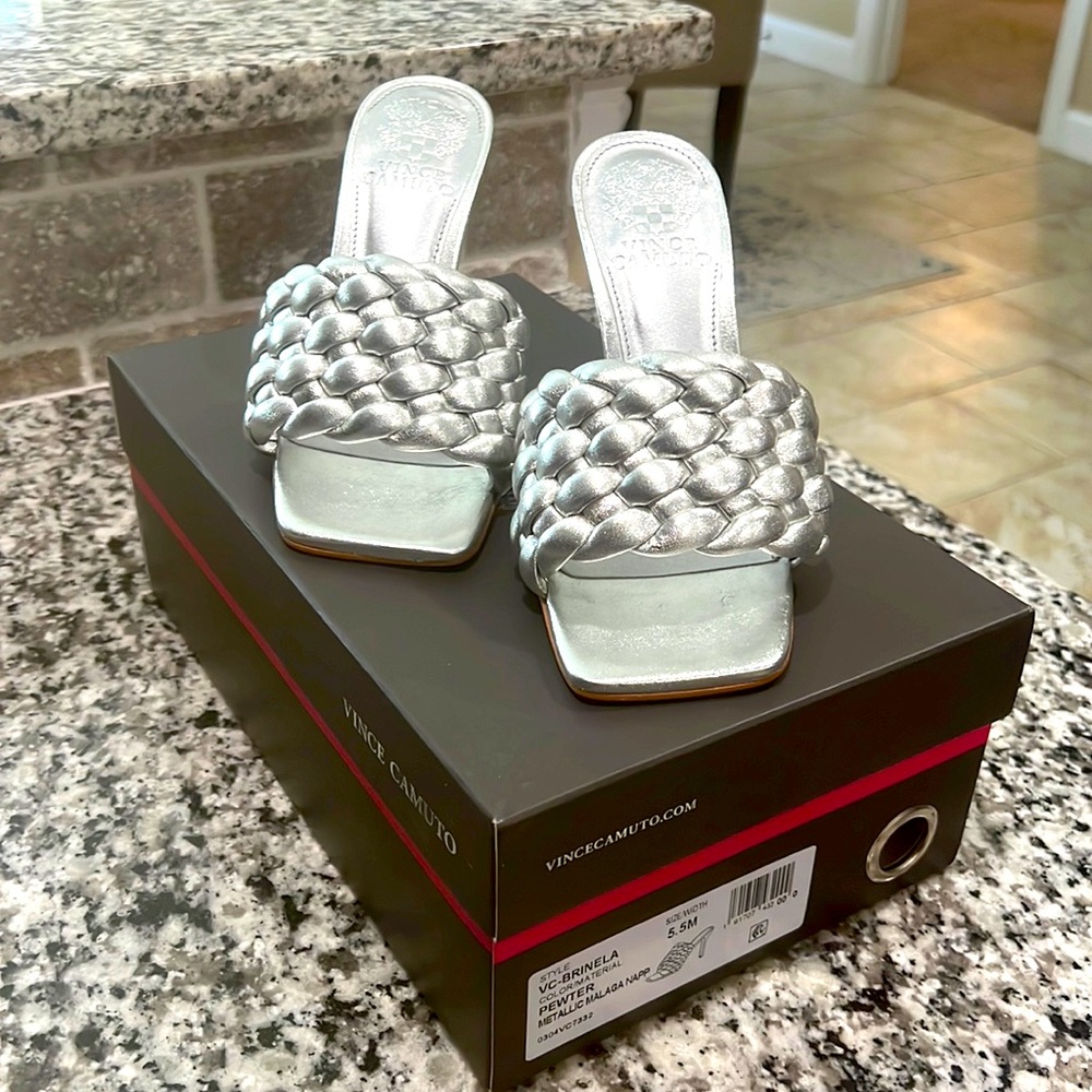 Silver braided leather Vince Camaro high-heeled slide